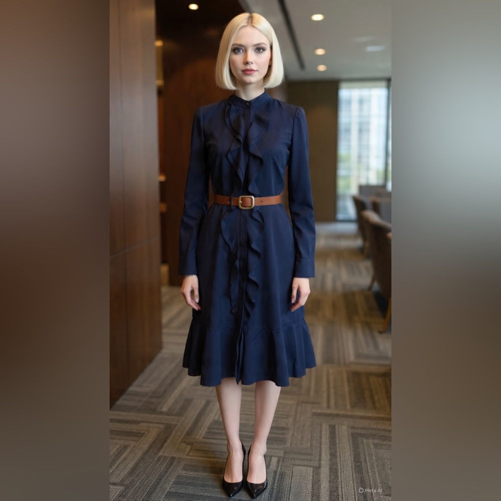 Tory Burch Ruffle Front Long Sleeve Dress | Navy | Size 0